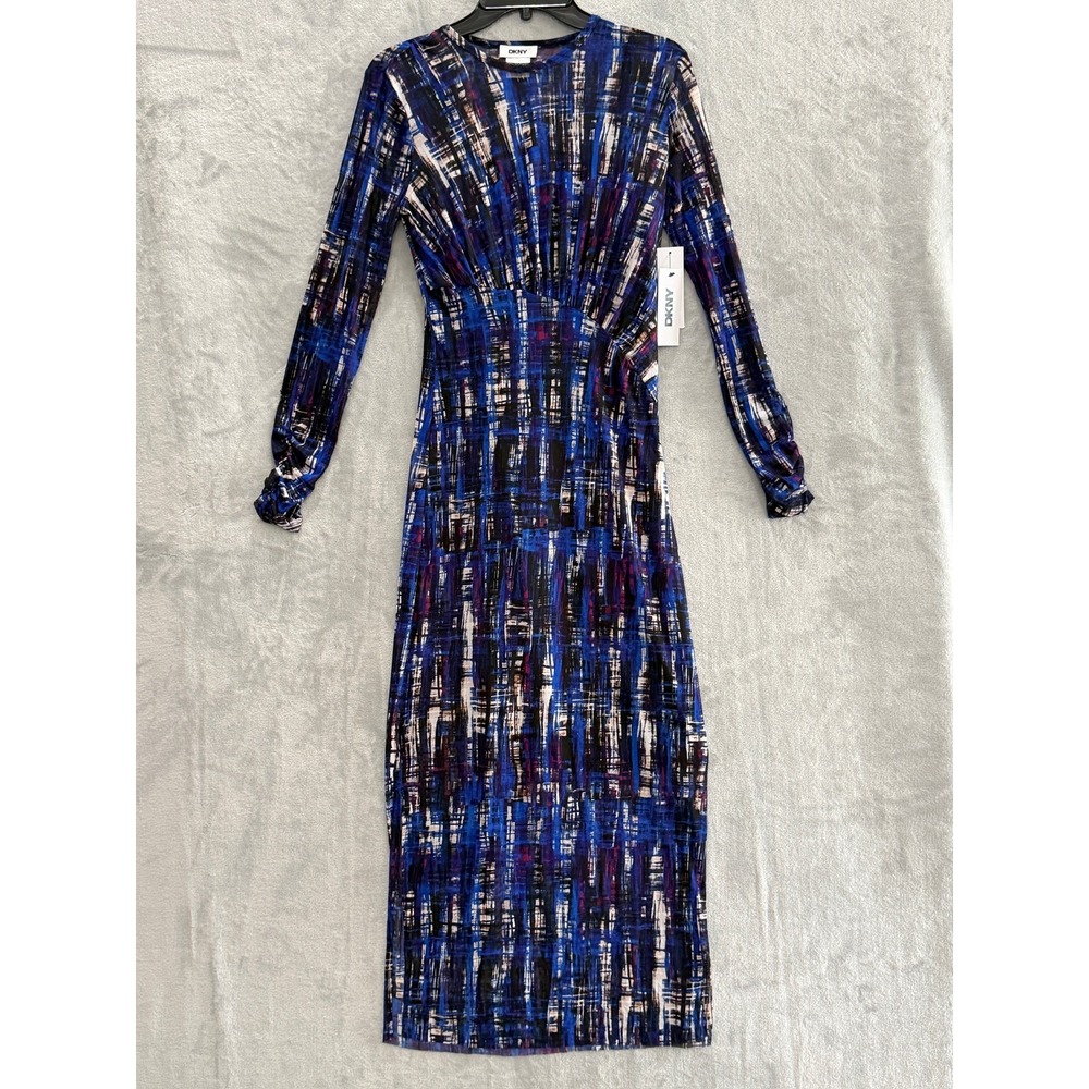 DKNY Mesh Midi Dress Womens Blue Abstract Ruched Long Sleeve 4 NWT - Picture 3 of 11
